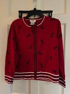 Talbots Red Zip-Front Petite Cardigan with Navy Trim